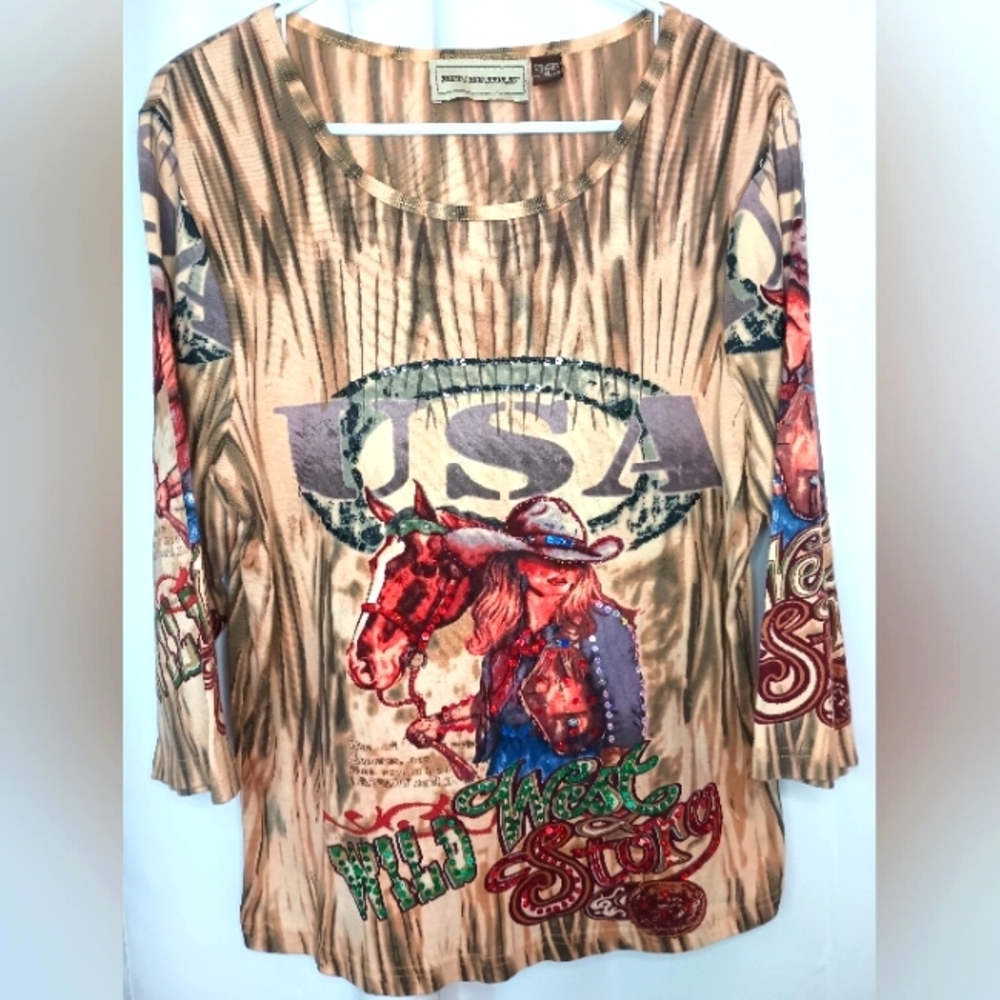 Brit Bridle Cowgirl Horse Graphic T Shirt XL Sequins Wild Western Rodeo